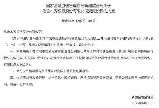 乌鲁木齐市城交投受让乌鲁木齐银行约5.69亿股股份获批