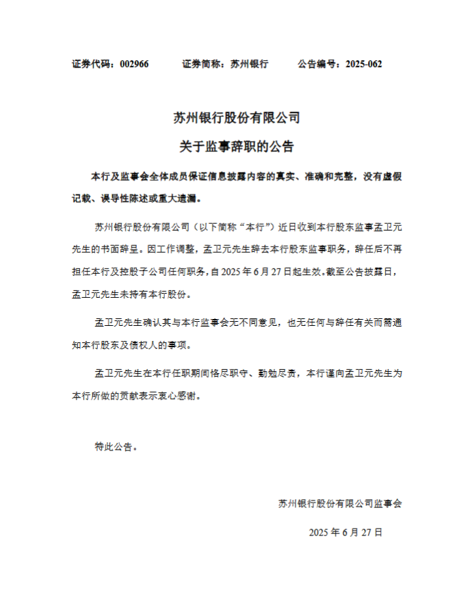 苏州银行：孟卫元因工作调整辞任股东监事