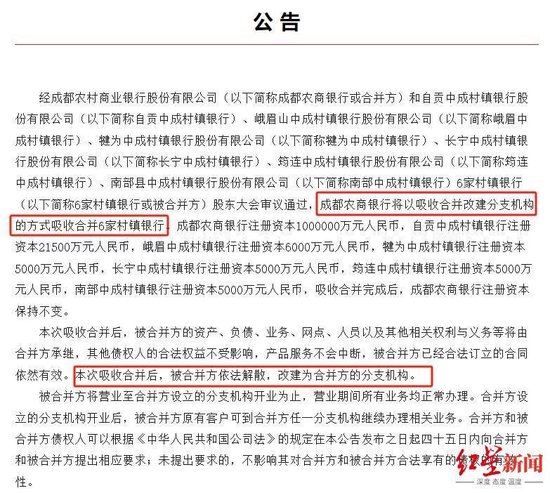 又一银行合并重组！成都农商行拟“收编”6家村镇银行
